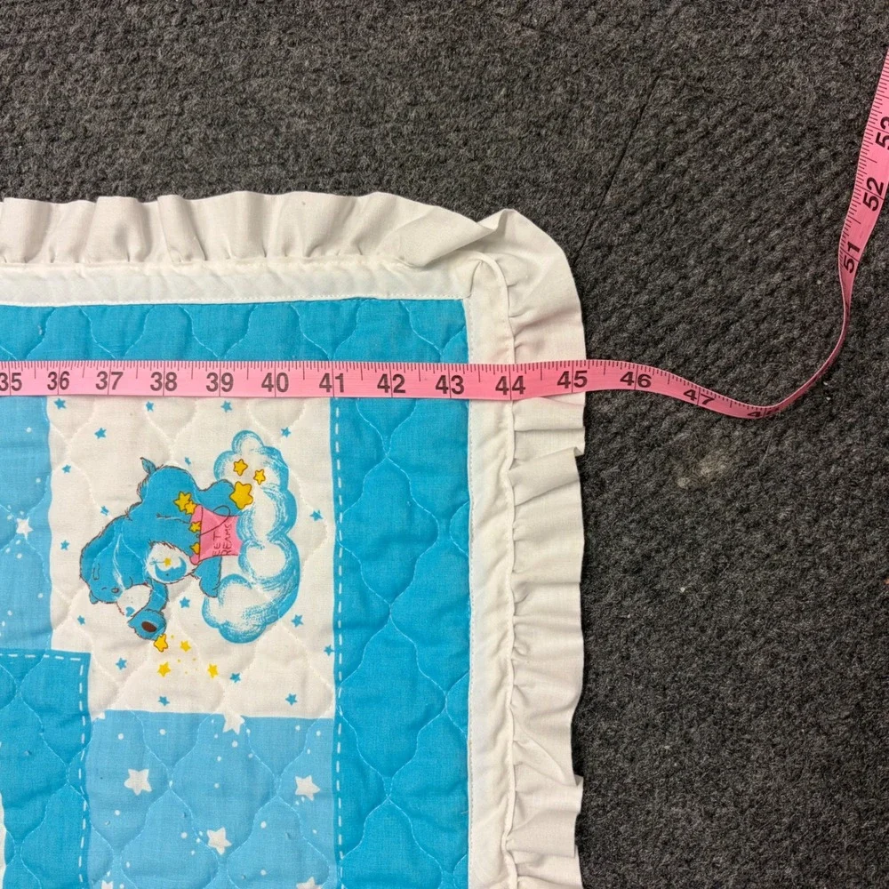 Vintage Care Bears Baby Blanket Quilted Bedtime Bear Moon Blue Ruffle 1980s